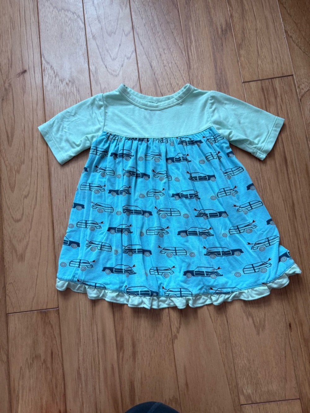 Kickee pants bamboo Aqua and Light Teal Car Print Dress